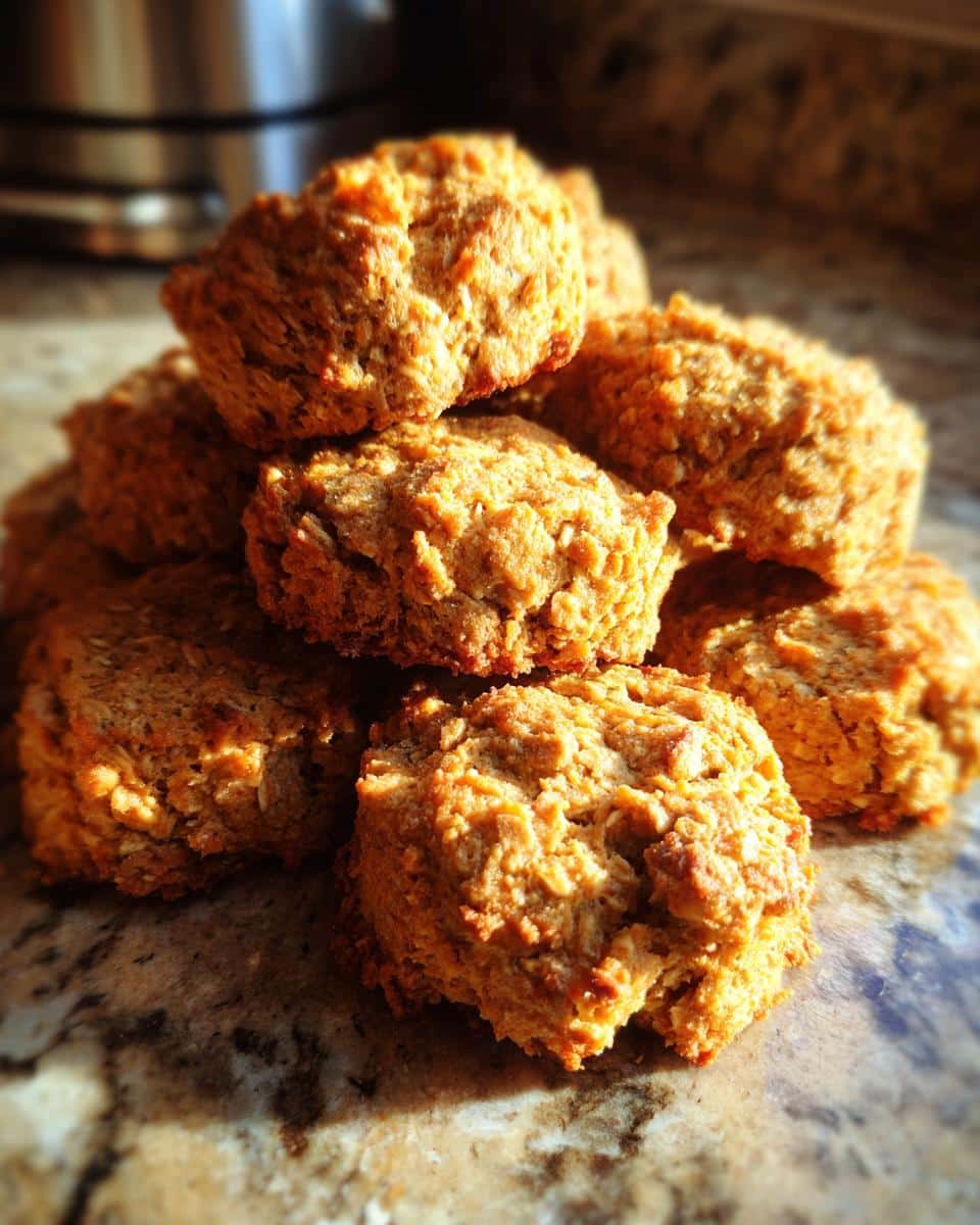 A stack of homemade Pumpkin Oatmeal Dog Treats on a countertop, ready to be enjoyed by your furry friend.