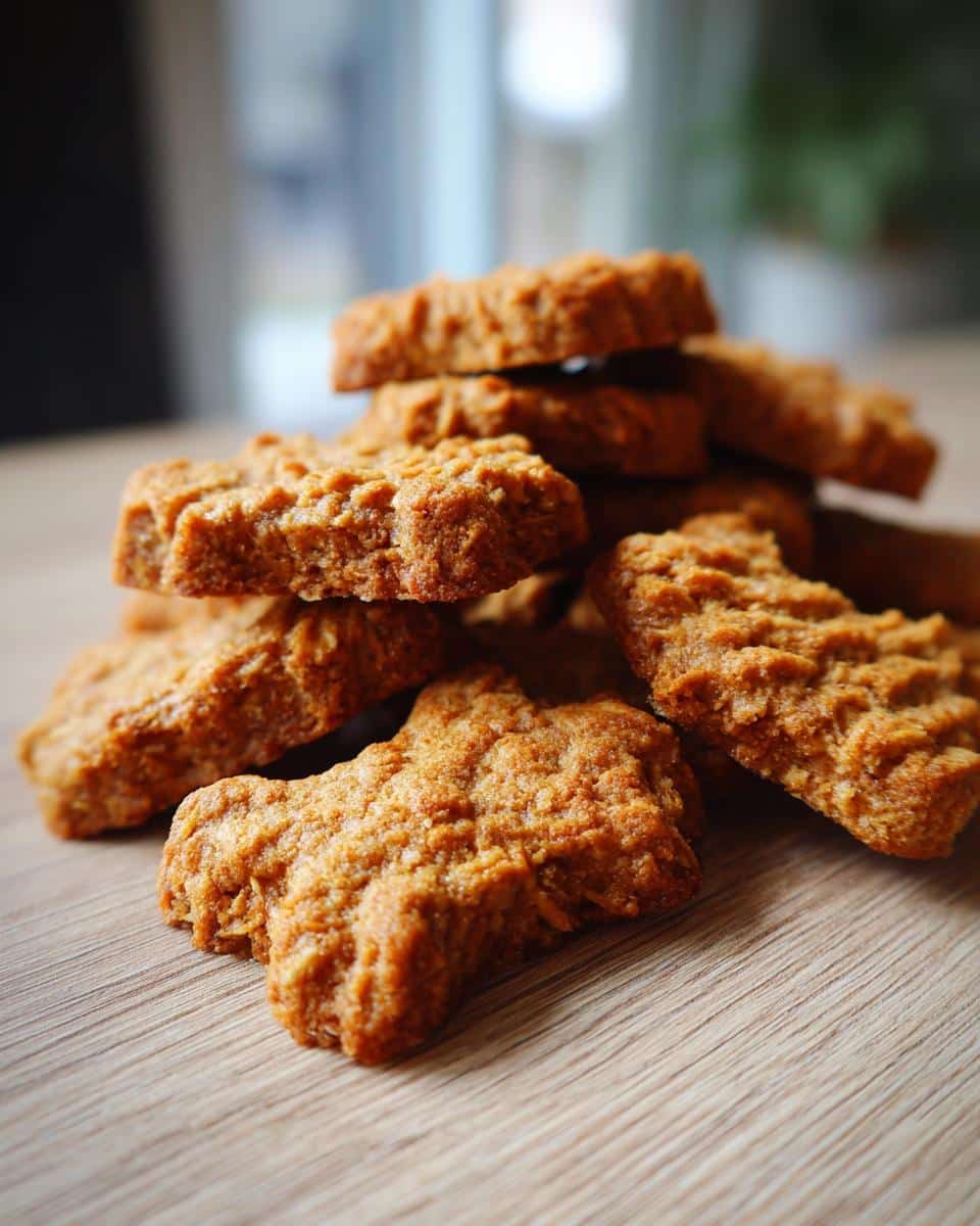 A stack of homemade Pumpkin Oatmeal Dog Treats shaped like dogs on a wooden surface.