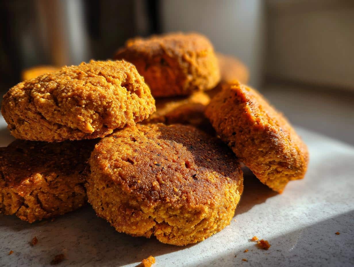 A pile of freshly baked Pumpkin Oatmeal Dog Treats on a countertop, ready to be enjoyed.