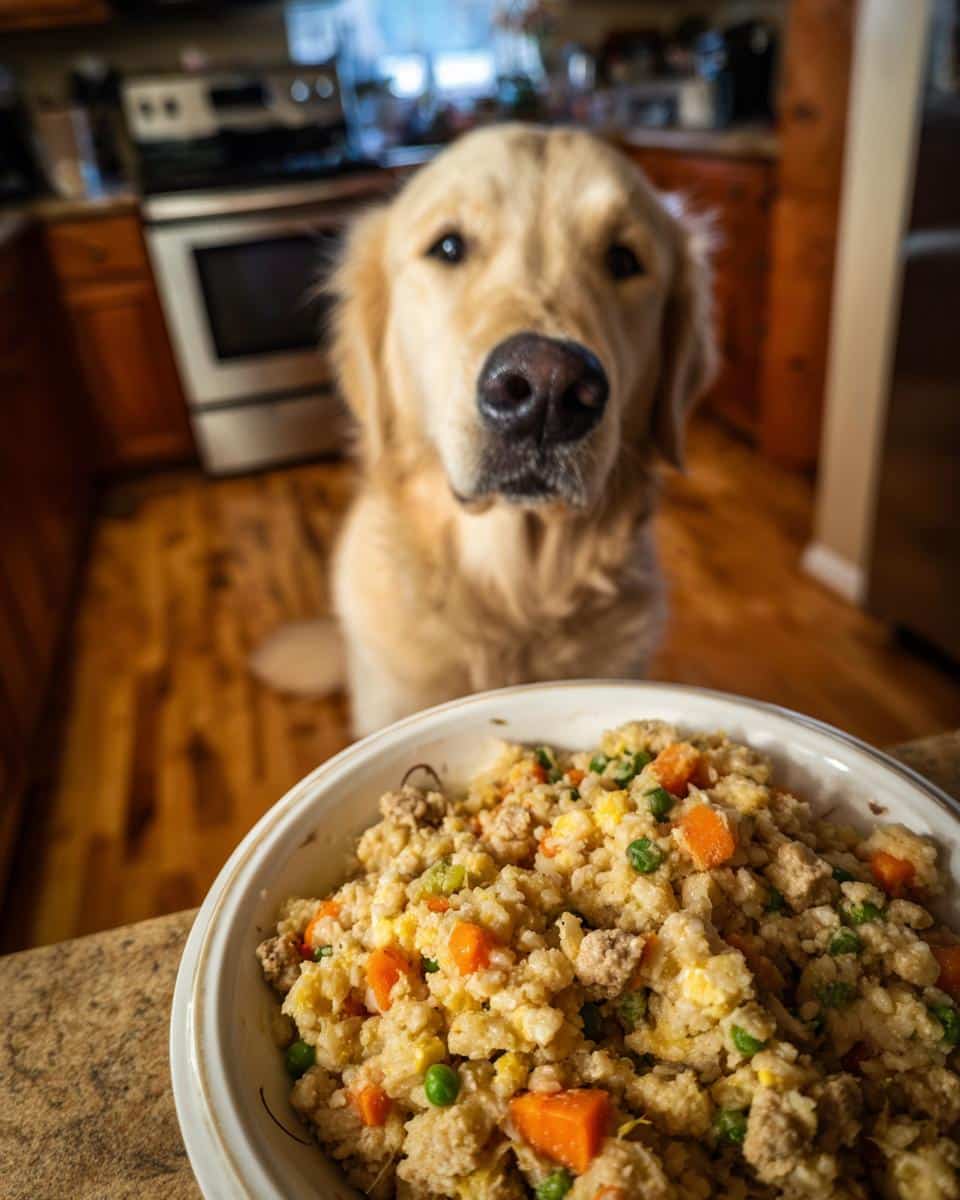 Golden Retriever dog looking at a bowl of Pumpkin & Oats Healthy Dog Food in a kitchen setting.