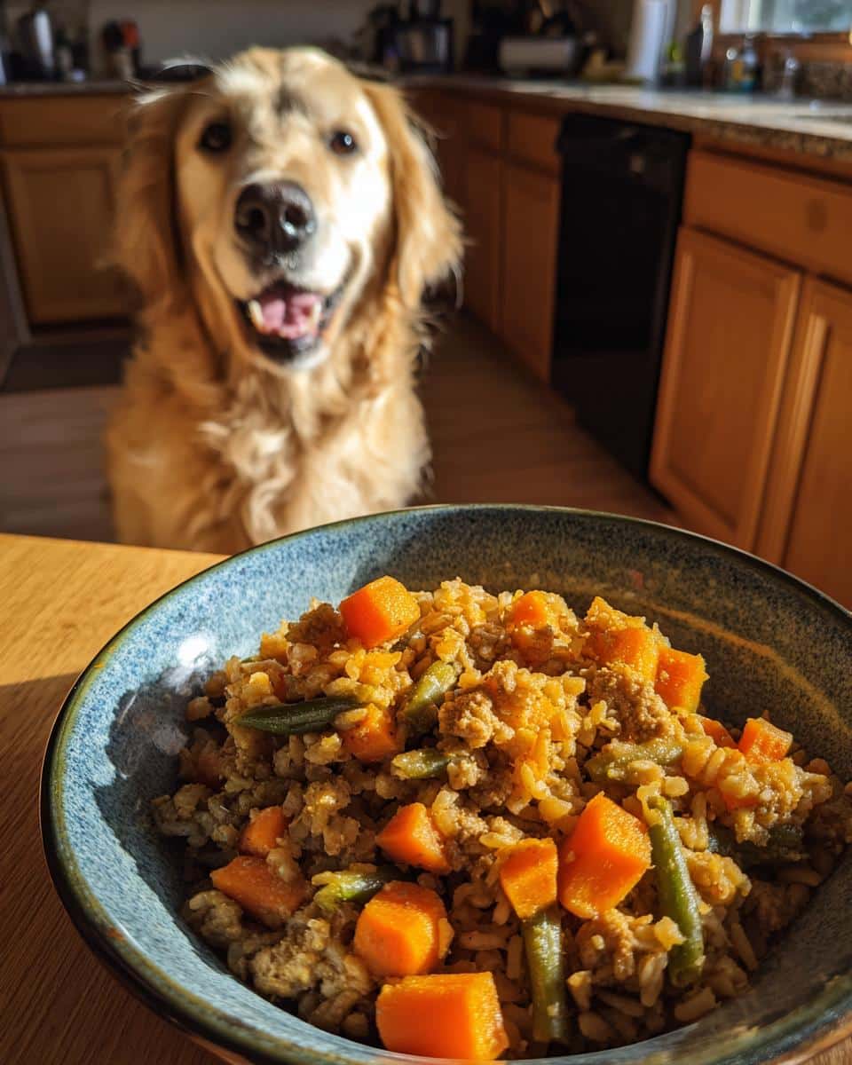 A bowl of Pumpkin & Oats Healthy Dog Food with a happy golden retriever in the background.