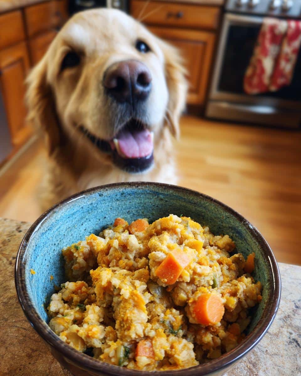 Happy dog looking at a bowl of Pumpkin & Oats Healthy Dog Food. Homemade recipe.