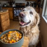 Golden retriever eagerly awaits a bowl of Pumpkin & Oats Healthy Dog Food. Happy dog, healthy food.