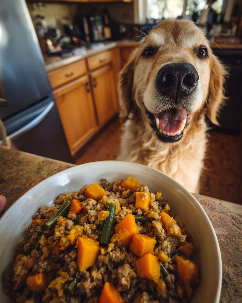 Golden retriever eagerly awaits a bowl of Pumpkin & Oats Healthy Dog Food in a kitchen setting.