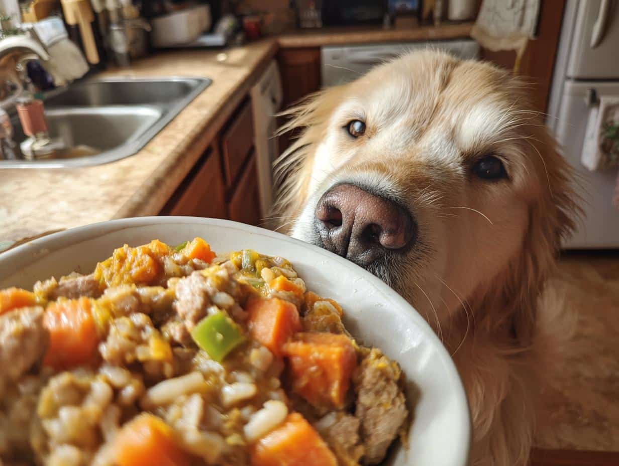 Golden Retriever dog eagerly looking at a bowl of Pumpkin & Oats Healthy Dog Food.