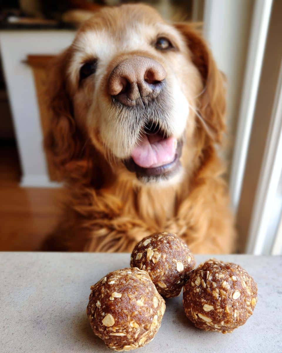 Golden retriever eagerly awaits Pumpkin Peanut Butter Energy Balls. Three energy balls are in the foreground.