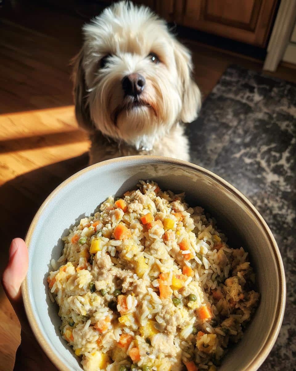 A bowl of Pumpkin & Turkey Best Dog Recipe with a cute dog looking at it expectantly in the background.