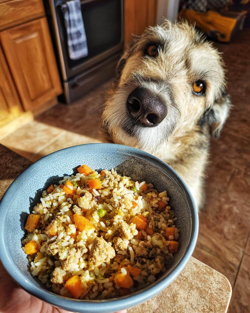 A dog eagerly awaits a bowl of Pumpkin & Turkey Best Dog Recipe, featuring rice, pumpkin, and turkey.