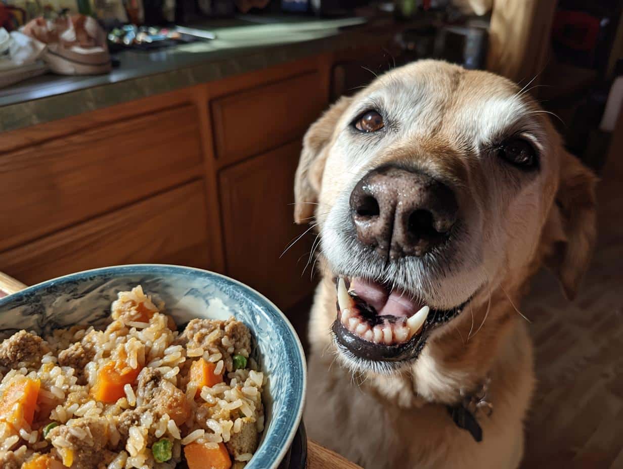 Happy dog looking at a bowl of Pumpkin & Turkey Best Dog Recipe. Homemade dog food.