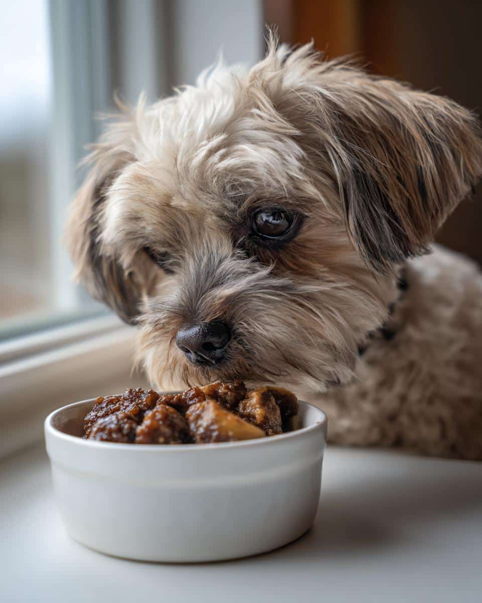 Small dog looking longingly at a bowl of Pumpkin & Turkey Small Dog Recipe food.
