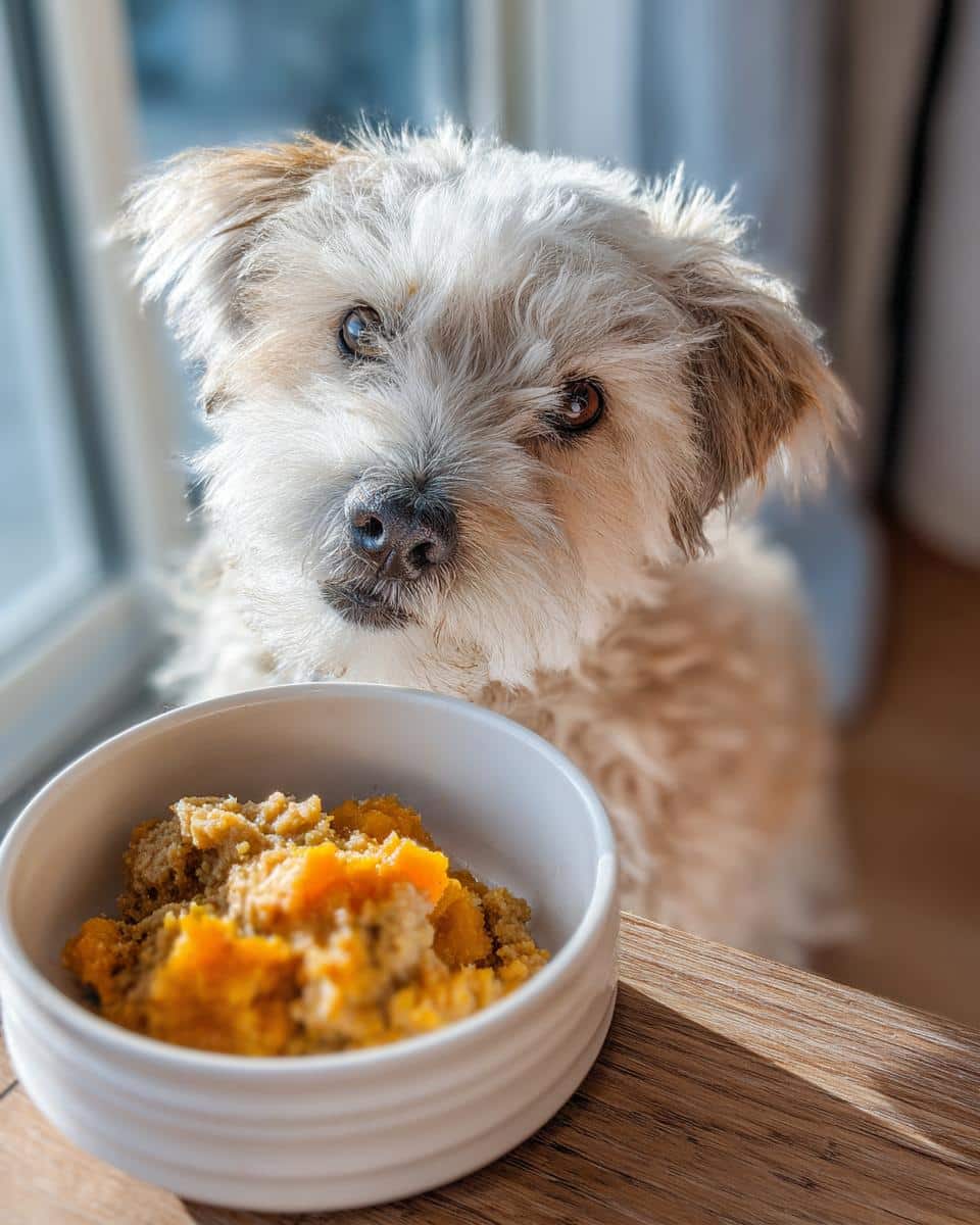 Small dog looking at a bowl of Pumpkin & Turkey Small Dog Recipe.