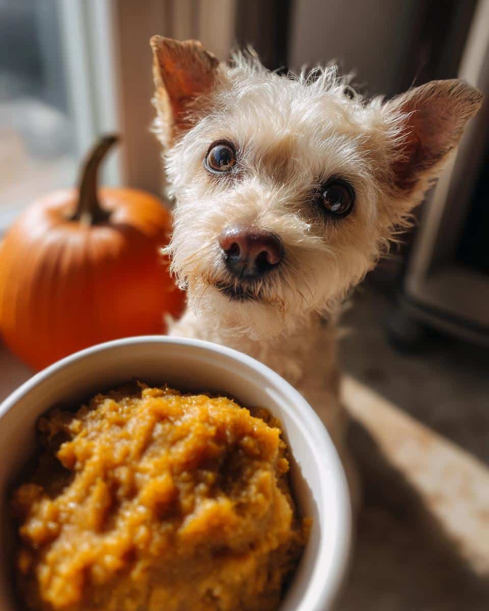 Small dog looking at a bowl of Pumpkin & Turkey Small Dog Recipe, with a pumpkin in the background.