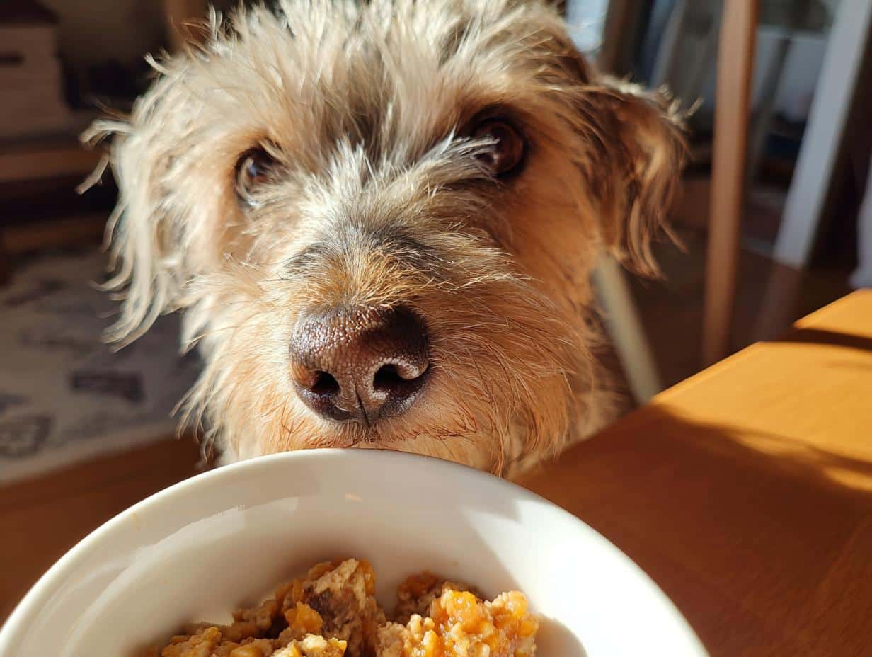 A small dog looks longingly at a bowl of Pumpkin & Turkey Small Dog Recipe.