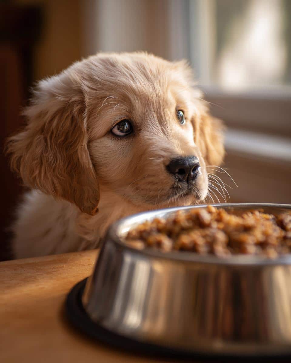 Golden retriever puppy looking at a bowl of Beef & Brown Rice Puppy Dog Meal.