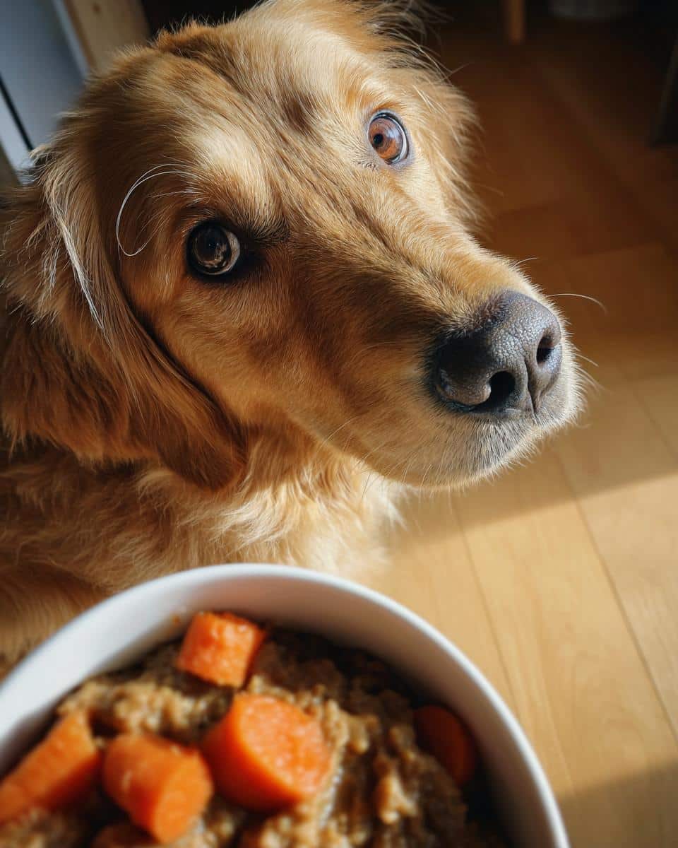 Golden Retriever puppy looking eagerly at a bowl of Chicken Liver & Veggies Puppy Dog Recipe.