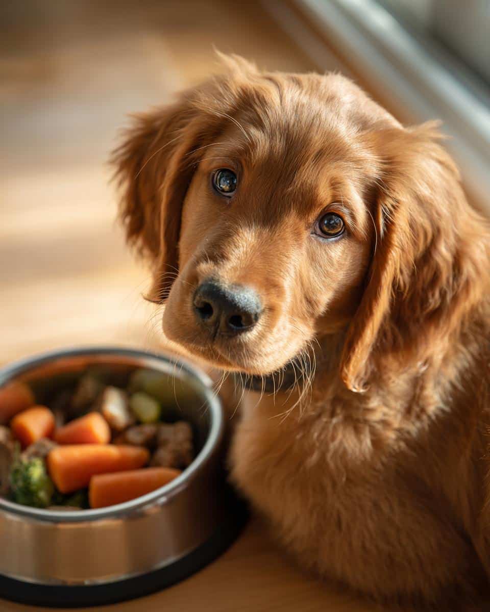 Adorable puppy looking at the camera next to a bowl of Chicken Liver & Veggies Puppy Dog Recipe.