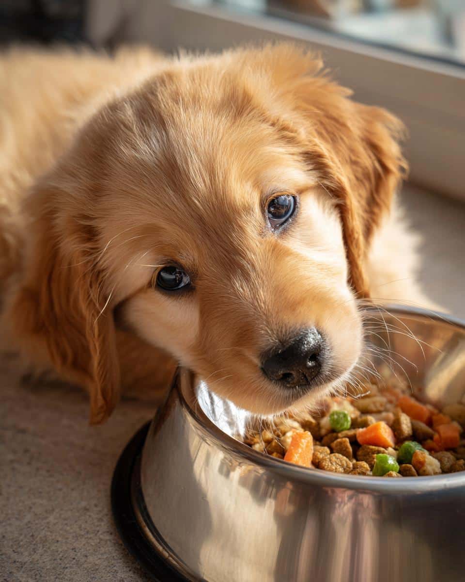 Golden retriever puppy looking at a bowl of Chicken Liver & Veggies Puppy Dog Recipe.