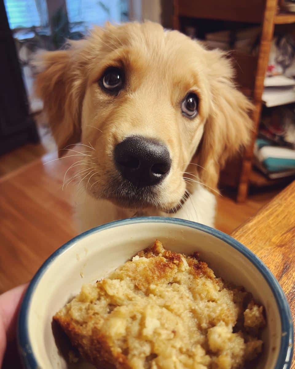 Golden puppy gazes longingly at a bowl of Chicken & Rice Puppy Dog Food Recipe.