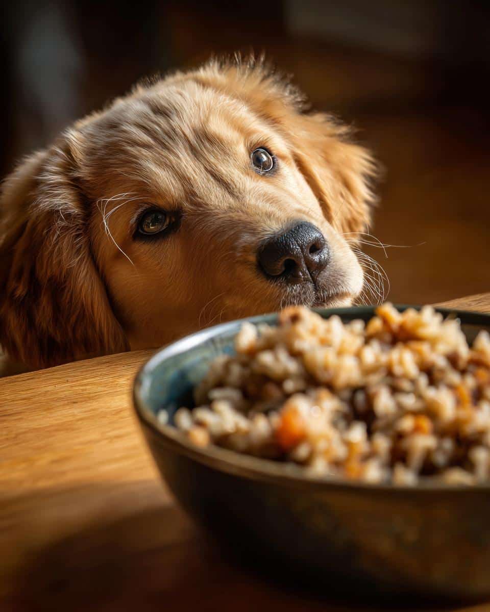 Golden retriever puppy longingly gazes at a bowl of Chicken & Rice Puppy Dog Food Recipe.