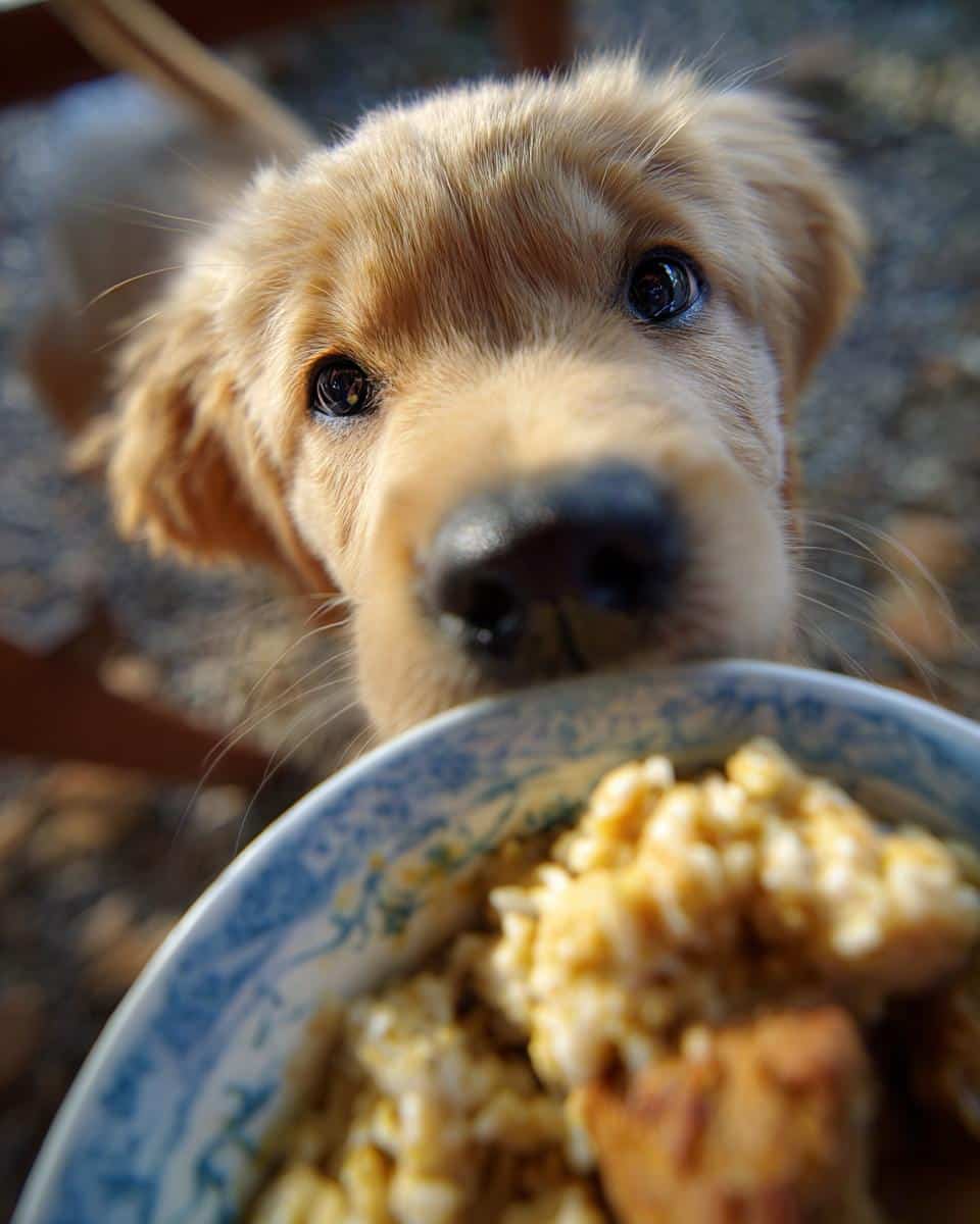 Golden retriever puppy looking at a bowl of Chicken & Rice Puppy Dog Food Recipe.