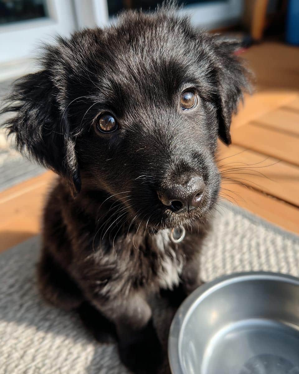 A cute black puppy dog looks expectantly at the camera, ready to eat Chicken Liver & Veggies Puppy Dog Recipe.