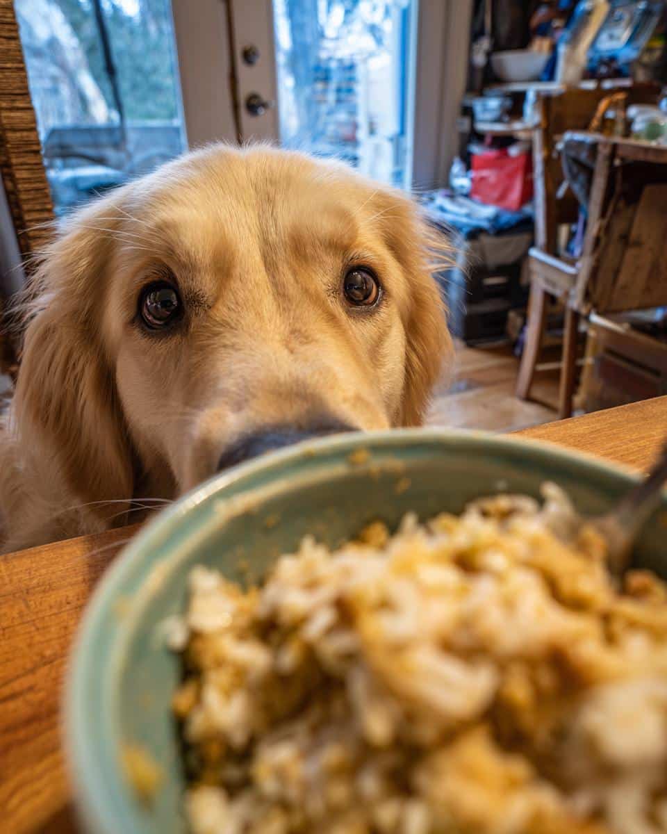 Golden retriever puppy looking longingly at a bowl of Chicken & Rice Puppy Dog Food Recipe.