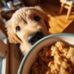 Golden Retriever puppy looking at a bowl of Chicken & Rice Puppy Dog Food Recipe with anticipation.