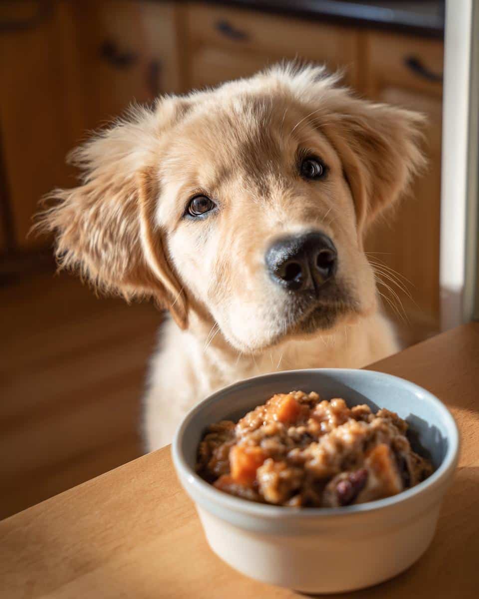 Golden retriever puppy looking at a bowl of Ground Turkey & Sweet Potato Puppy Dog Meal.
