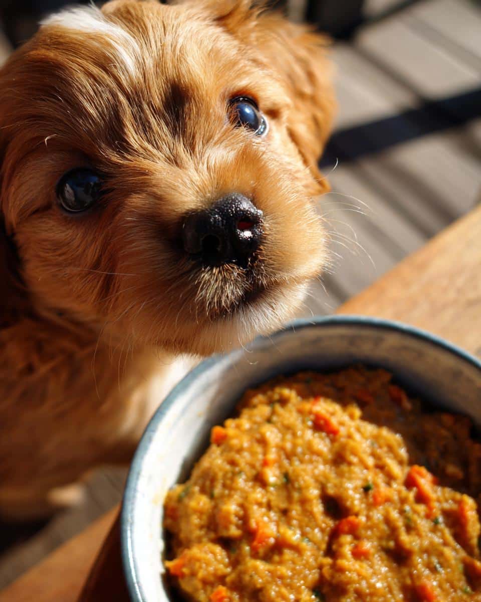 Adorable puppy looking at a bowl of Egg & Spinach Puppy Dog Food. Healthy homemade recipe.