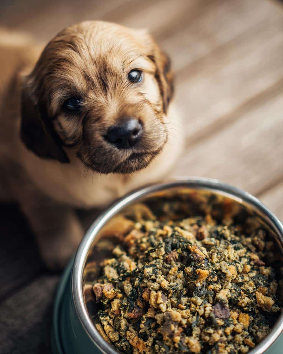 Adorable puppy looking up at the camera next to a bowl of Egg & Spinach Puppy Dog Food.