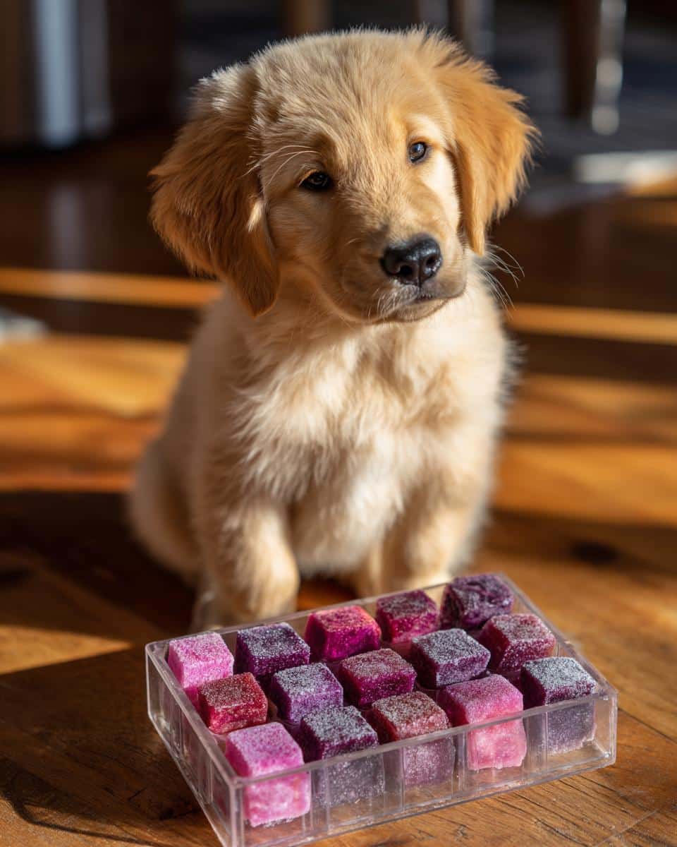 A golden retriever puppy sits behind a container of Frozen Berry Yogurt Cubes, a treat for dogs.