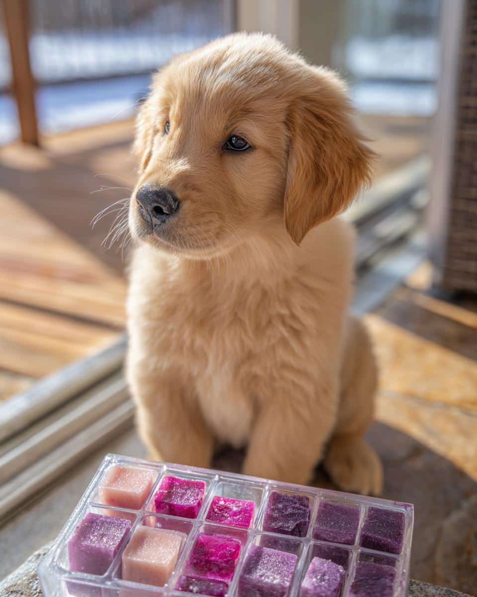 A golden retriever puppy sits next to a tray of colorful Frozen Berry Yogurt Cubes for dogs.