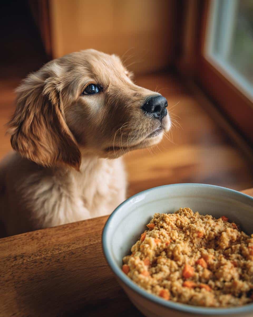 Golden retriever puppy looking at a bowl of Ground Turkey & Sweet Potato Puppy Dog Meal.