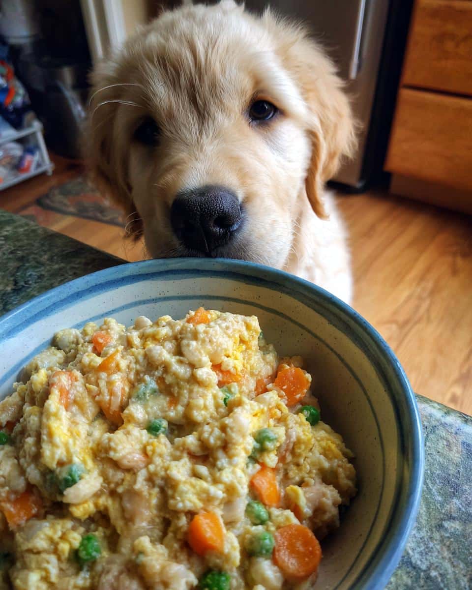 Golden retriever puppy looks longingly at a bowl of Puppy Oats & Egg Dog Food. Recipe is healthy and delicious.