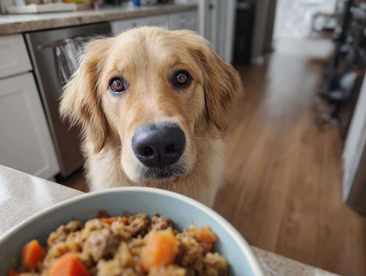 Golden Retriever dog looking at a bowl of Puppy Oats & Egg Dog Food with anticipation.