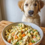 A bowl of Puppy Oats & Egg Dog Food Recipe with a golden retriever puppy looking at the food.