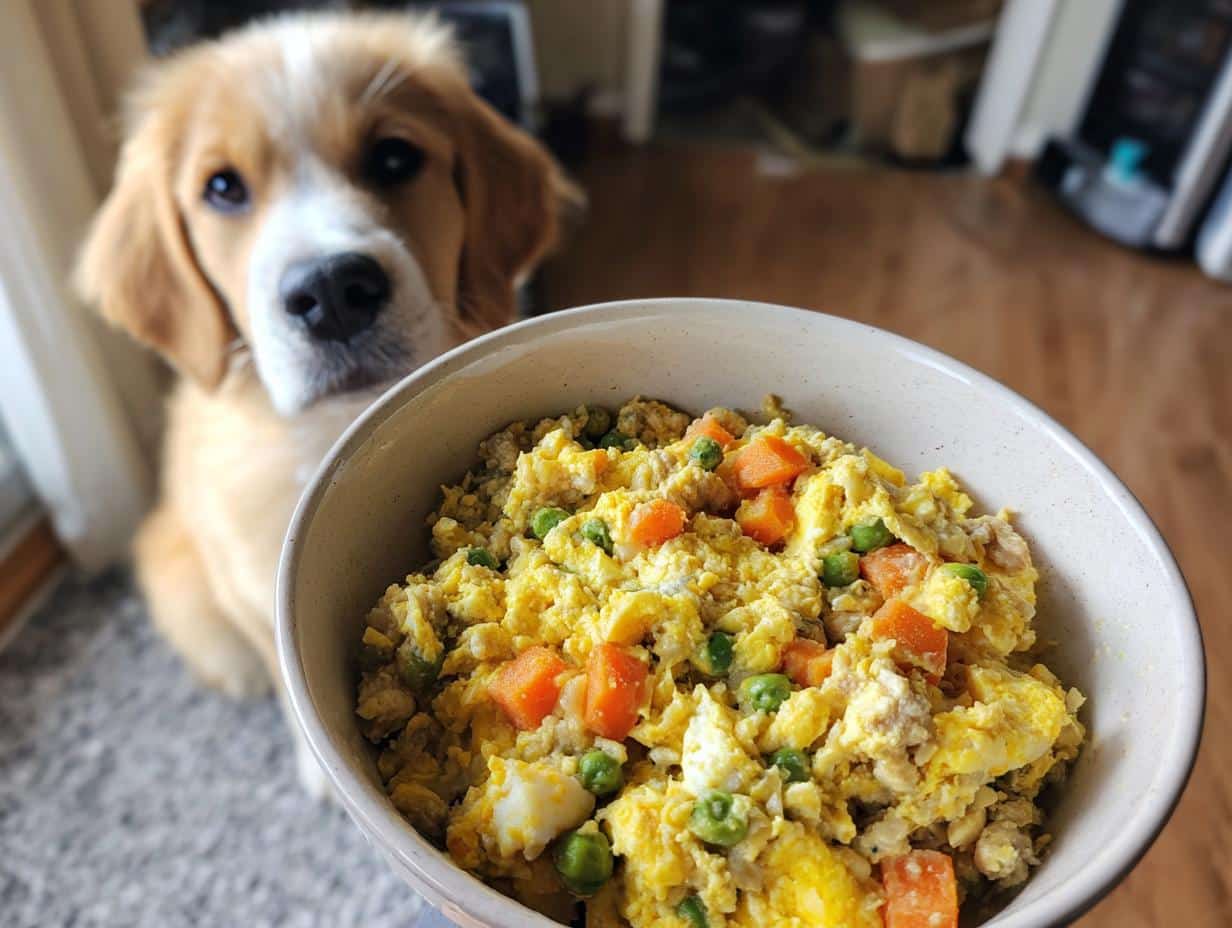 A bowl of Puppy Oats & Egg Dog Food Recipe with a cute golden retriever puppy looking at it.