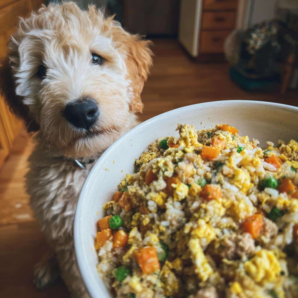 Adorable puppy looking at a bowl of Salmon & Pumpkin Puppy Dog Food. Healthy treat for your dog!