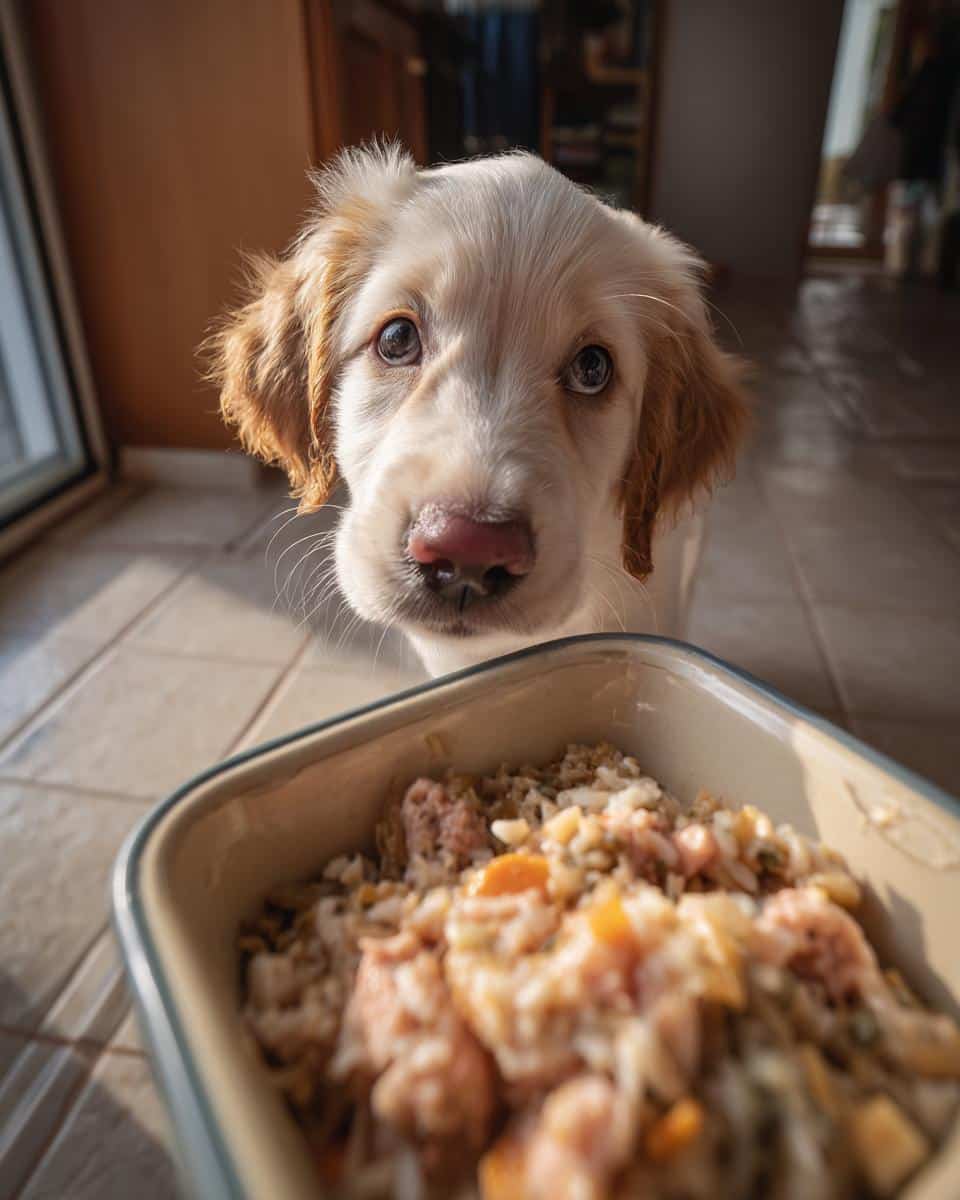 Adorable puppy looking at a dish of Salmon & Pumpkin Puppy Dog Food. Focus on the puppy's face and the food.
