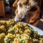 A dog intensely watches a bowl of Quinoa & Spinach Dog Meal, eager to eat it.