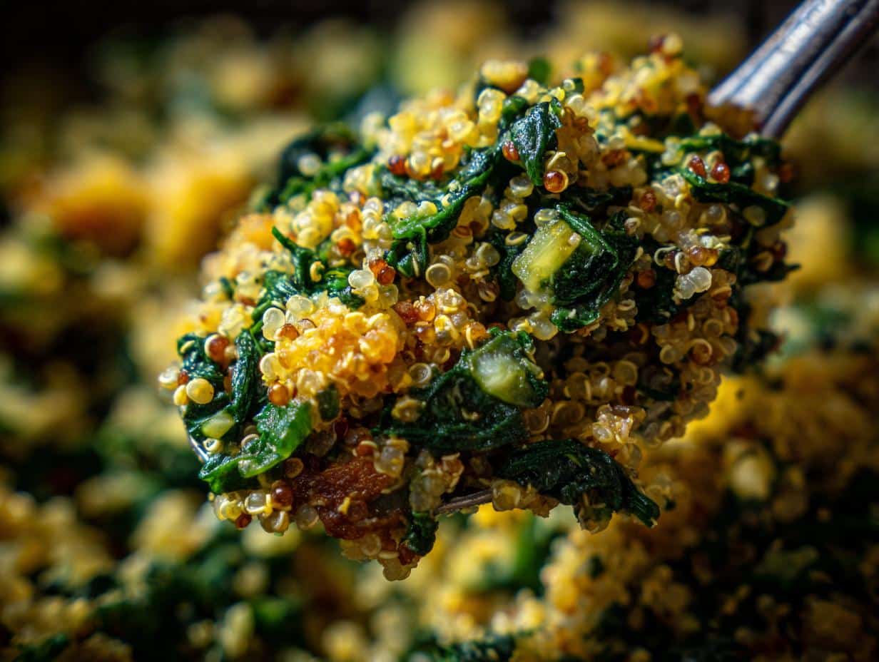 Close-up of Quinoa & Spinach Dog Meal Recipe on a spoon, showing quinoa, spinach, and other ingredients.