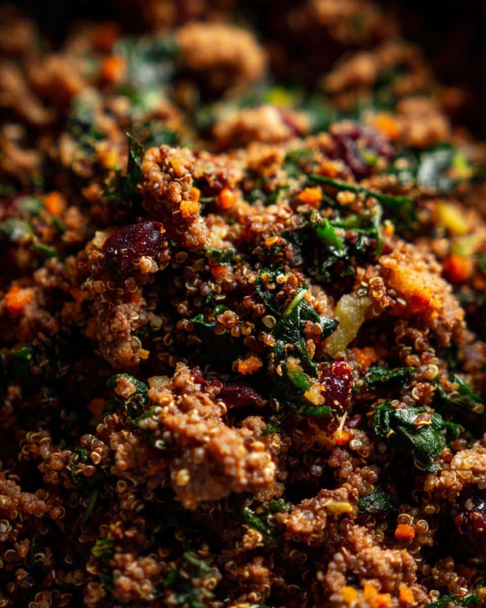 A close-up of Quinoa & Spinach Dog Meal, showing the texture of the quinoa, spinach, and other ingredients.