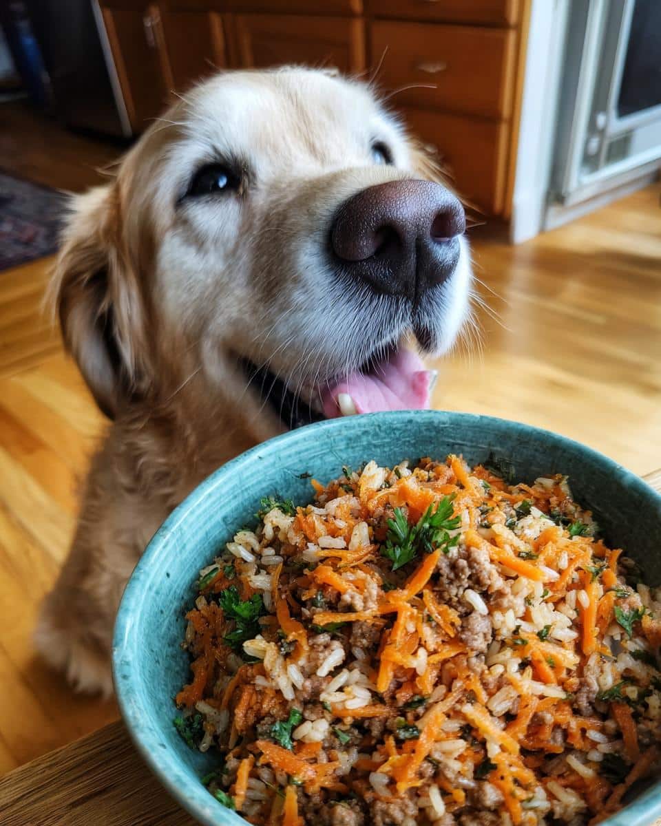 Golden Retriever eagerly awaits a Raw Beef & Carrot Dog Bowl. Healthy and delicious dog food.