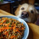 A golden retriever longingly watches a bowl of Raw Beef & Carrot Dog Bowl on a table.