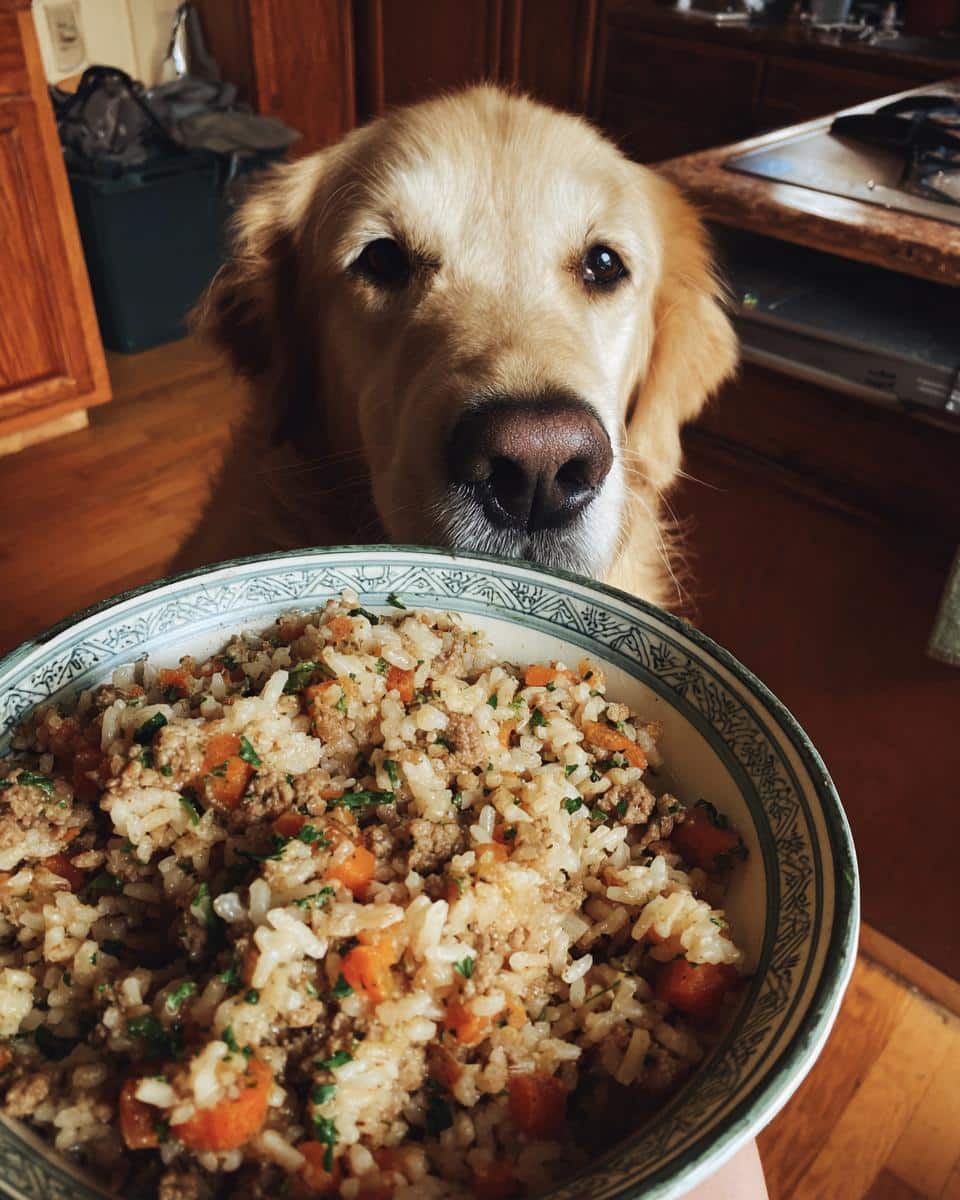 Golden Retriever dog looking longingly at a bowl of Raw Beef & Carrot Dog Bowl recipe.