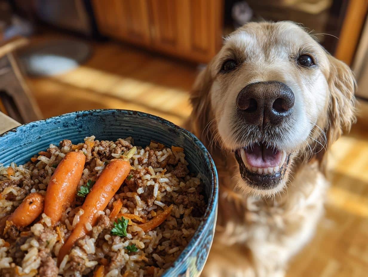 Golden Retriever dog eagerly awaits a Raw Beef & Carrot Dog Bowl, filled with beef, rice, and carrots.