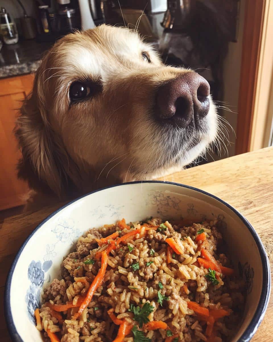 A golden retriever longingly looks at a bowl of Raw Beef & Carrot Dog Bowl recipe.