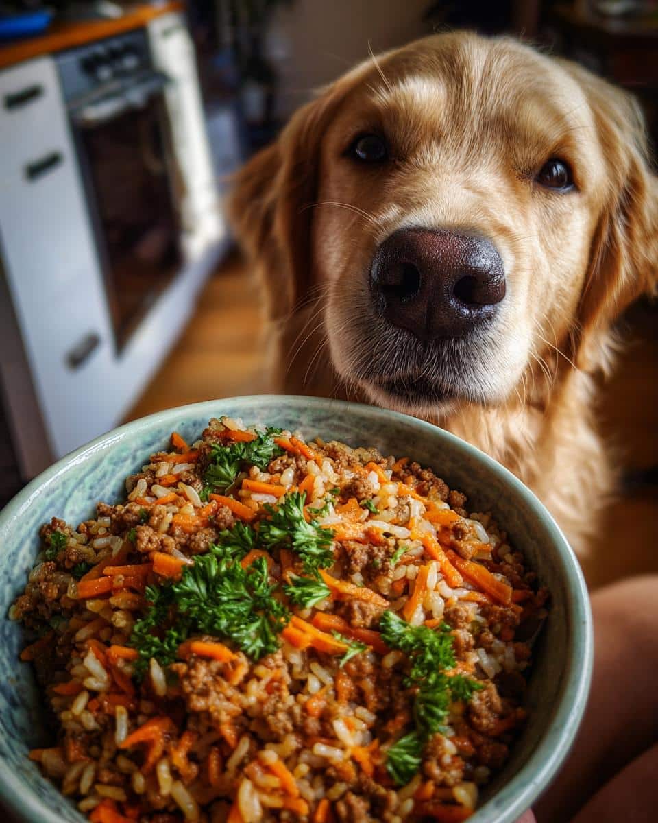 A golden retriever looks longingly at a bowl of Raw Beef & Carrot Dog Bowl, garnished with parsley.