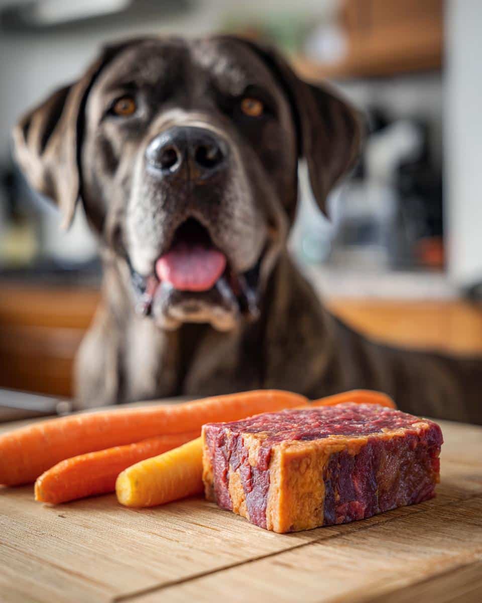 Ingredients for Raw Beef & Carrot Dog Food Recipe: beef cube and carrots on a wooden board, with a dog in the background.