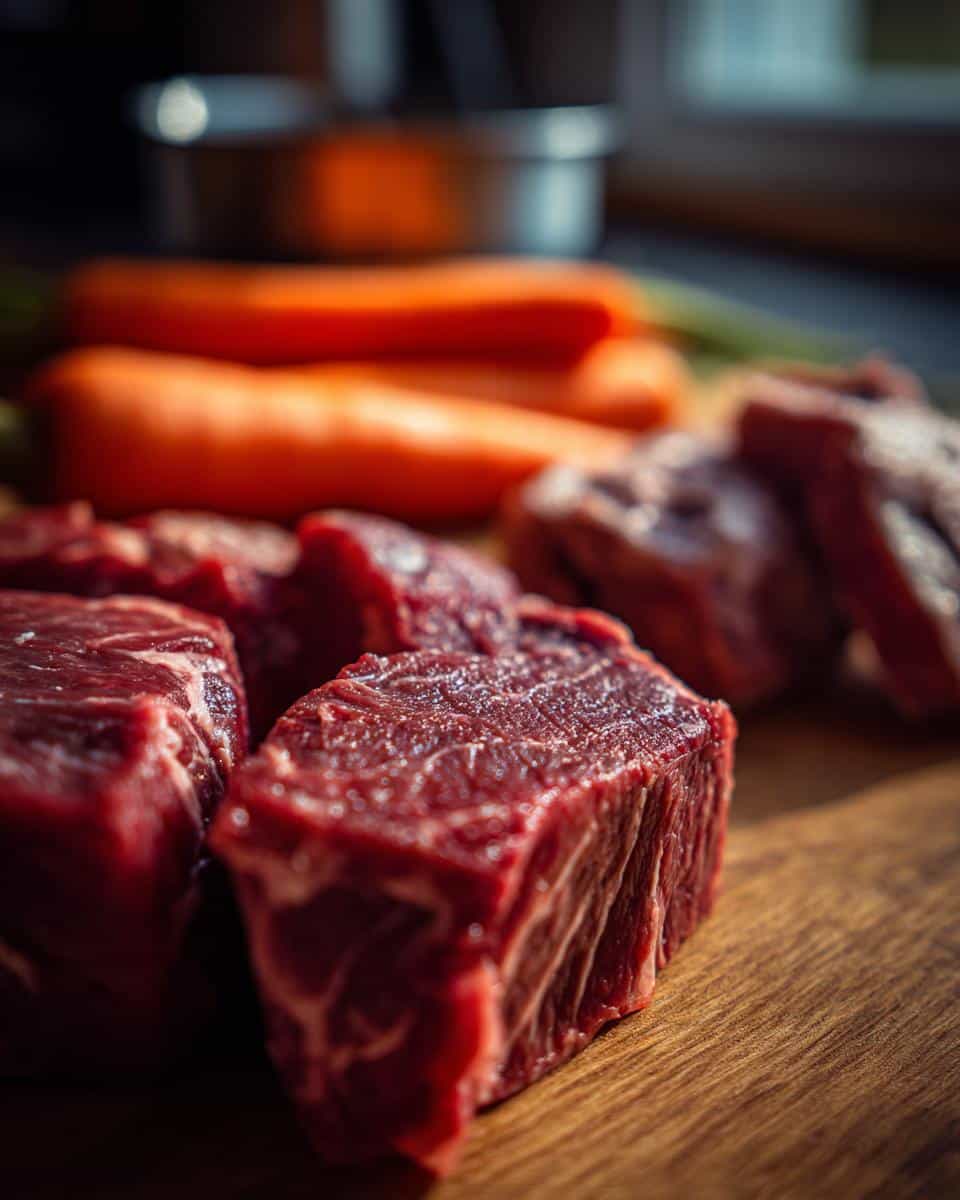 Close-up of raw beef cubes and carrots, ingredients for Raw Beef & Carrot Dog Food Recipe.